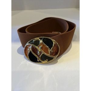 NAN LEWIS Women's Brown Stretch Belt 31" Textured Enameled Buckle
